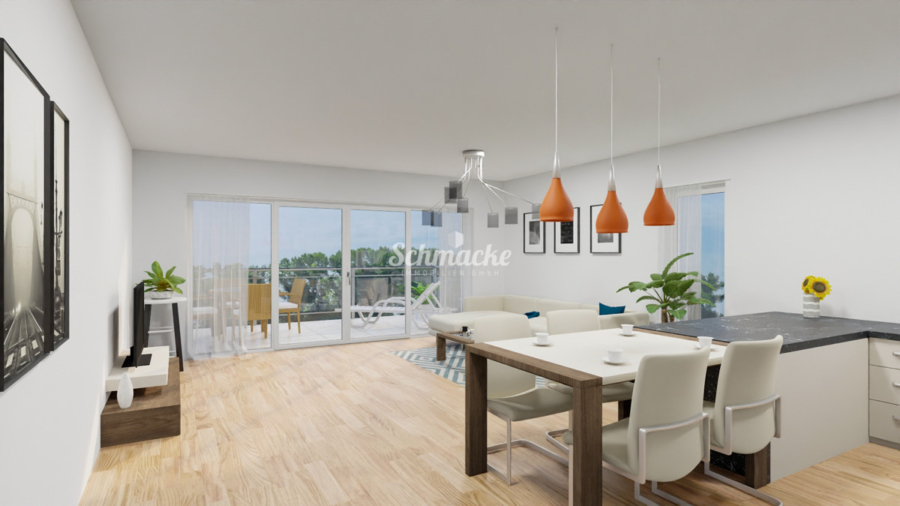 Wohn-/Esszimmer (1) - Neubauwohnung! Barrierefreie, ruhige Wohnung, Aufzug, Stadtnah, PKW-Stellplatz, sonniger Balkon